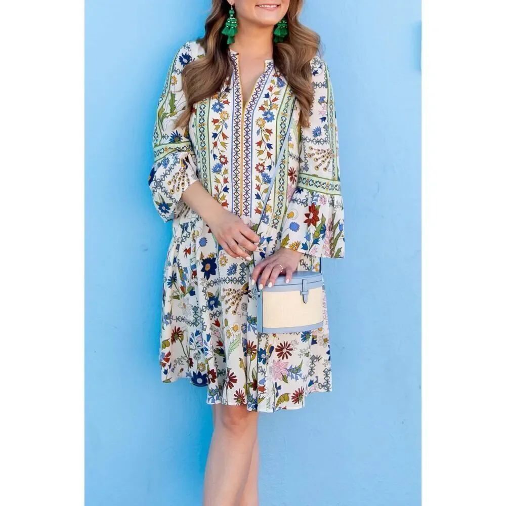 tory burch daphne floral print silk mini dress ivory meadow folly US4